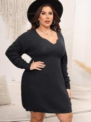 Shop Plus Size Dropped Shoulder Long Sleeve Knit Mini Dress - High-Quality U.S. Made Women’s Fashion with Free & Fast Shipping