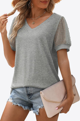 Shop Swiss Dot Puff Sleeve V-Neck Tee - High-Quality U.S. Made Women’s Fashion with Free & Fast Shipping