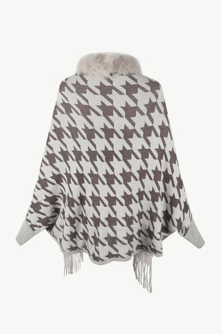 Shop Houndstooth Fringe Hem Poncho - High-Quality U.S. Made Women’s Fashion with Free Fast Shipping