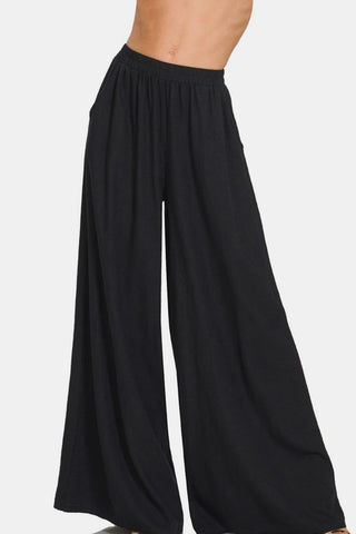 Shop Black Zenana Pleated Linen Blend Wide Leg Pants - High-Quality U.S. Made Women’s Fashion with Free & Fast Shipping