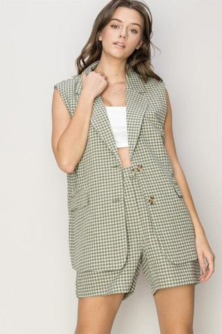 Shop Olive HYFVE Single-Breasted Sleeveless Suit and Shorts Set - High-Quality U.S. Made Women’s Fashion with Free & Fast Shipping