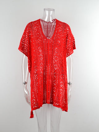 Shop Cutout V-Neck Cover-Up with Tassel - High-Quality U.S. Made Women’s Fashion with Free & Fast Shipping