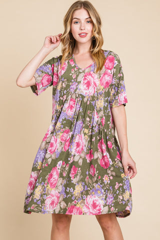 Shop Floral BOMBOM Flower Print V-Neck Ruched Dress - High-Quality U.S. Made Women’s Fashion with Free & Fast Shipping