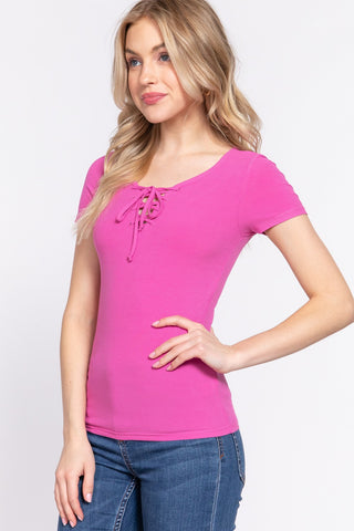 Shop ACTIVE BASIC Lace Up Short Sleeve Rib Knit T-Shirt - High-Quality U.S. Made Women’s Fashion with Free & Fast Shipping