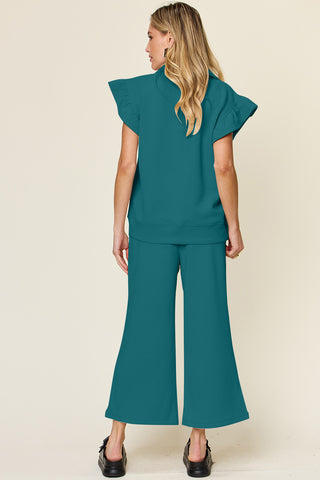 Shop Double Take Texture Ruffle Short Sleeve Top and Drawstring Wide Leg Pants Set - High-Quality U.S. Made Women’s Fashion with Free Fast Shipping