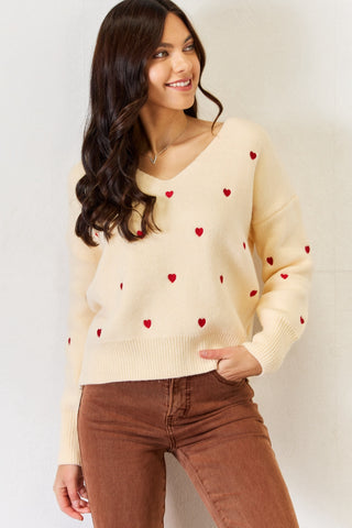 Shop J.NNA Hearts Pattern V-Neck Sweater - High-Quality U.S. Made Women’s Fashion with Free Fast Shipping