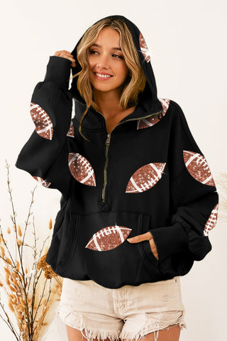 Shop Black BiBi Sequin Football Half Zip Hoodie - High-Quality U.S. Made Women’s Fashion with Free & Fast Shipping