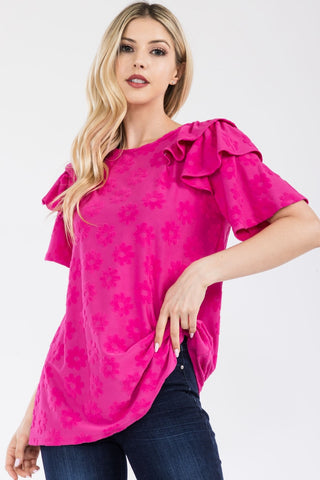 Shop Celeste Full Size Ruffle Layered Short Sleeve Daisy Floral Top - High-Quality U.S. Made Women’s Fashion with Free & Fast Shipping