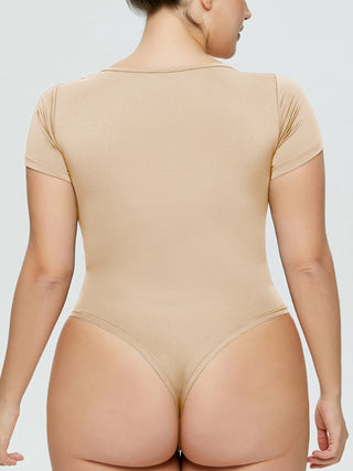 Shop Tan Full Size Square Neck Short Sleeve Bodysuit - High-Quality U.S. Made Women’s Fashion with Free & Fast Shipping