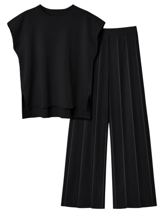 Shop Round Neck Cap Sleeve Top and Pants Knit Set - High-Quality U.S. Made Women’s Fashion with Free & Fast Shipping