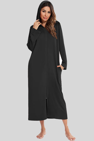 Shop Black Zip Front Hooded Night Dress with Pockets - High-Quality U.S. Made Women’s Fashion with Free & Fast Shipping