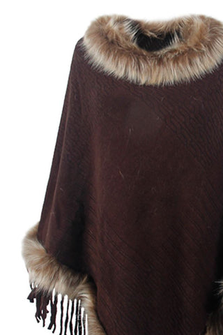 Shop Faux Fur Trim Fringed Poncho - High-Quality U.S. Made Women’s Fashion with Free & Fast Shipping