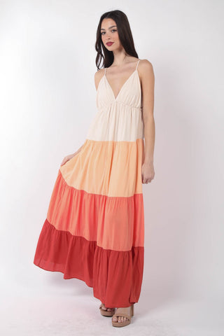 Shop Sunset Mix VERY J Color Block Tiered Maxi Cami Dress - High-Quality U.S. Made Women’s Fashion with Free & Fast Shipping