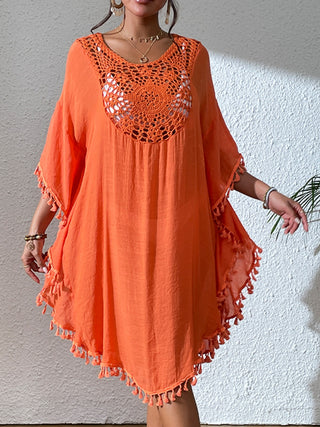 Shop Orange One Size Tassel Cutout Scoop Neck Cover-Up Dress - High-Quality U.S. Made Women’s Fashion with Free & Fast Shipping