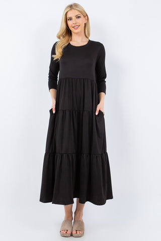 Shop Black Celeste Full Size Tiered Midi Dress with Pockets - High-Quality U.S. Made Women’s Fashion with Free & Fast Shipping