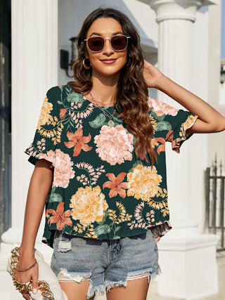 Shop Floral Ruffled Short Sleeve Blouse - High-Quality U.S. Made Women’s Fashion with Free & Fast Shipping