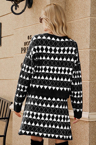 Shop Geometric Dropped Shoulder Cardigan and Knit Skirt Set - High-Quality U.S. Made Women’s Fashion with Free Fast Shipping