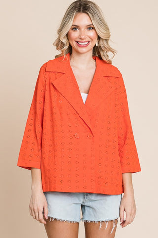 Shop New Orange Culture Code Double Breasted Eyelet Jacket with Pockets - High-Quality U.S. Made Women’s Fashion with Free & Fast Shipping