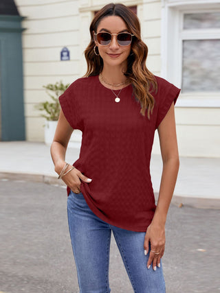 Shop Wine Textured Round Neck Cap Sleeve T-Shirt - High-Quality U.S. Made Women’s Fashion with Free & Fast Shipping