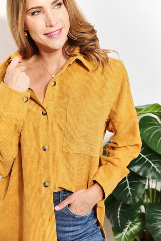 Shop HEYSON Full Size Oversized Corduroy Button-Down Tunic Shirt with Bust Pocket - High-Quality U.S. Made Women’s Fashion with Free & Fast Shipping