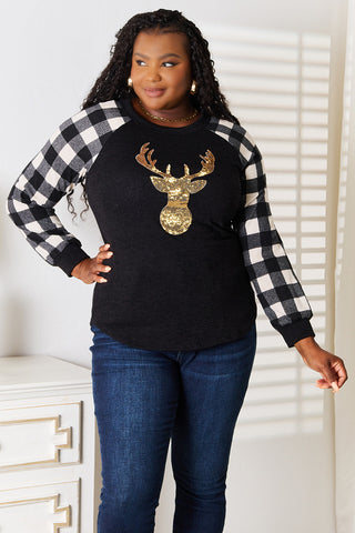 Shop Heimish Full Size Sequin Reindeer Graphic Plaid Top - High-Quality U.S. Made Women’s Fashion with Free & Fast Shipping