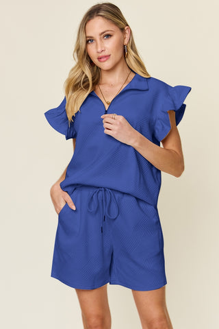 Shop Royal Blue Double Take Full Size Texture Flounce Sleeve Top and Drawstring Shorts Set - High-Quality U.S. Made Women’s Fashion with Free & Fast Shipping