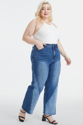 Shop BAYEAS Full Size High Waist Two-Tones Patched Wide Leg Jeans - High-Quality U.S. Made Women’s Fashion with Free & Fast Shipping