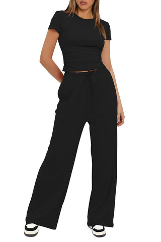 Shop Black Round Neck Short Sleeve Top and Pants Set - High-Quality U.S. Made Women’s Fashion with Free & Fast Shipping