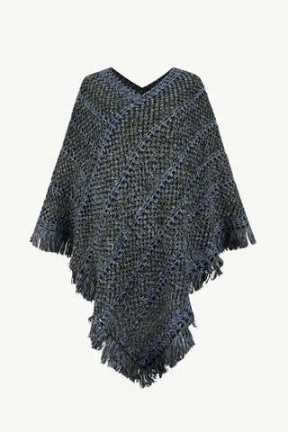 Shop Dark Gray One Size V-Neck Fringe Hem Poncho - High-Quality U.S. Made Women’s Fashion with Free & Fast Shipping