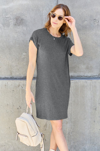 Shop Gray Basic Bae Full Size Round Neck Short Sleeve Dress with Pockets - High-Quality U.S. Made Women’s Fashion with Free & Fast Shipping