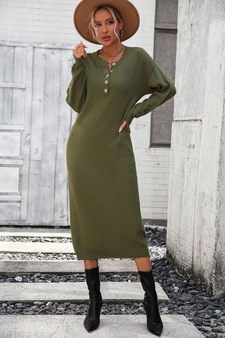 Shop Notched Neck Dropped Shoulder Button-Down Midi Dress - High-Quality U.S. Made Women’s Fashion with Free Fast Shipping