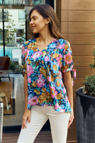 Shop Navy Pink Petal Dew Full Size Floral V-Neck Tie Detail Blouse - High-Quality U.S. Made Women’s Fashion with Free & Fast Shipping