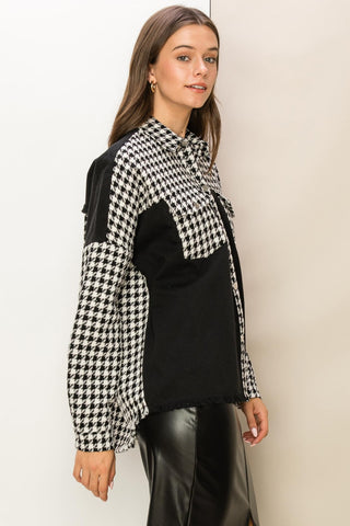 Shop HYFVE Houndstooth Contrast Raw Hem Jacket - High-Quality U.S. Made Women’s Fashion with Free & Fast Shipping