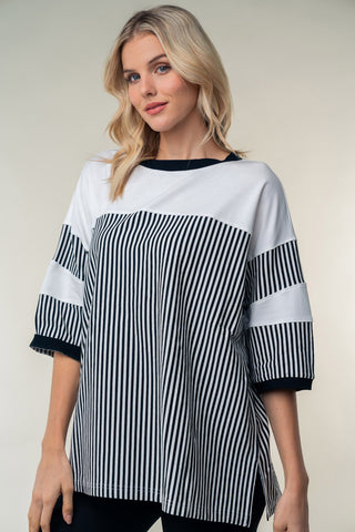 Shop White Birch Full Size Striped Contrast Round Neck Top - High-Quality U.S. Made Women’s Fashion with Free & Fast Shipping