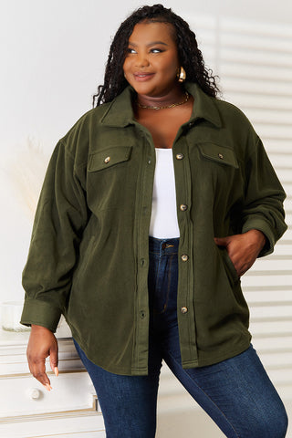 Shop Army Green Heimish Cozy Girl Full Size Button Down Shacket - High-Quality U.S. Made Women’s Fashion with Free & Fast Shipping