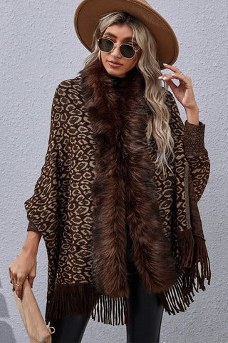 Shop Leopard Fringe Detail Poncho - High-Quality U.S. Made Women’s Fashion with Free Fast Shipping