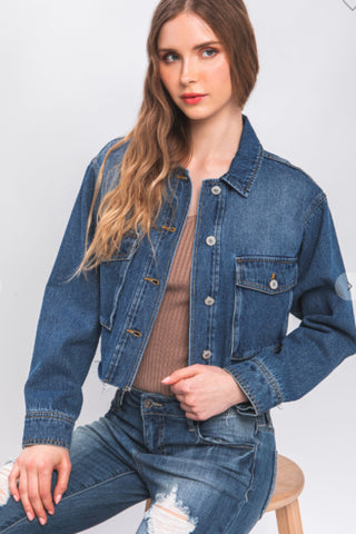 Shop BLUE Love Tree Raw Hem Button Up Cropped Denim Jacket - High-Quality U.S. Made Women’s Fashion with Free & Fast Shipping