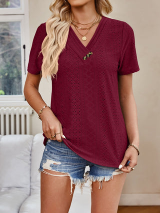 Shop Burgundy Lovelet Eyelet V-Neck Short Sleeve Top - High-Quality U.S. Made Women’s Fashion with Free & Fast Shipping