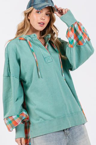 Shop SAGE + FIG Full Size Plaid Print Washed Hoodie - High-Quality U.S. Made Women’s Fashion with Free & Fast Shipping