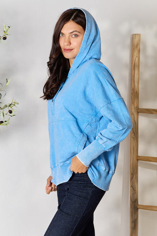 Shop Zenana Half Snap Long Sleeve Hoodie with Pockets - High-Quality U.S. Made Women’s Fashion with Free & Fast Shipping