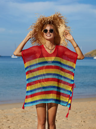 Shop Red One Size Cutout Striped Cover-Up with Tassel - High-Quality U.S. Made Women’s Fashion with Free & Fast Shipping