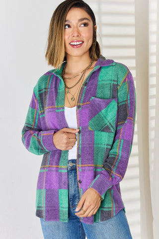 Shop Green Purple Zenana Plaid Button Up Long Sleeve Shacket - High-Quality U.S. Made Women’s Fashion with Free & Fast Shipping