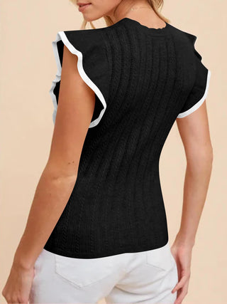 Shop Black Ruffled Round Neck Cap Sleeve Knit Top - High-Quality U.S. Made Women’s Fashion with Free & Fast Shipping