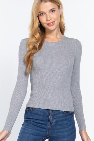 Shop ACTIVE BASIC Full Size Ribbed Round Neck Long Sleeve Knit Top - High-Quality U.S. Made Women’s Fashion with Free & Fast Shipping