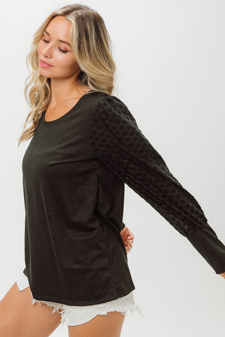 Shop BiBi Round Neck Polka Dot Lantern Sleeve Top - High-Quality U.S. Made Women’s Fashion with Free & Fast Shipping