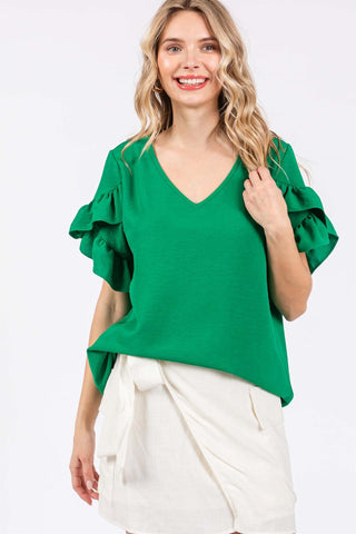 Shop KELLY GREEN GeeGee Ruffled Short Sleeve V-Neck Blouse - High-Quality U.S. Made Women’s Fashion with Free & Fast Shipping