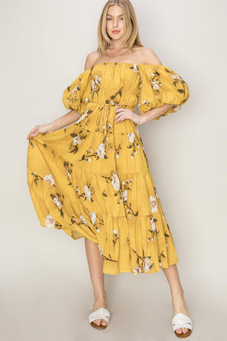 Shop MUSTARD HYFVE Floral Puff Sleeve Tiered Dress - High-Quality U.S. Made Women’s Fashion with Free & Fast Shipping