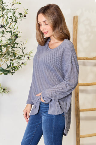 Shop Waffle-Knit Round Neck Long Sleeve Slit Sweatshirt - High-Quality U.S. Made Women’s Fashion with Free & Fast Shipping