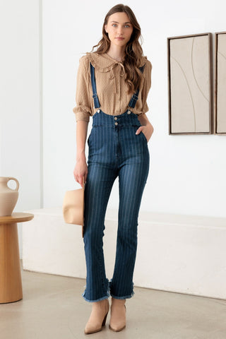 Shop Litz La Striped Stretched Suspender Denim Overalls - High-Quality U.S. Made Women’s Fashion with Free Fast Shipping