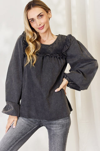 Shop HEYSON Full Size Mineral Wash Smocked Round Neck Blouse - High-Quality U.S. Made Women’s Fashion with Free & Fast Shipping